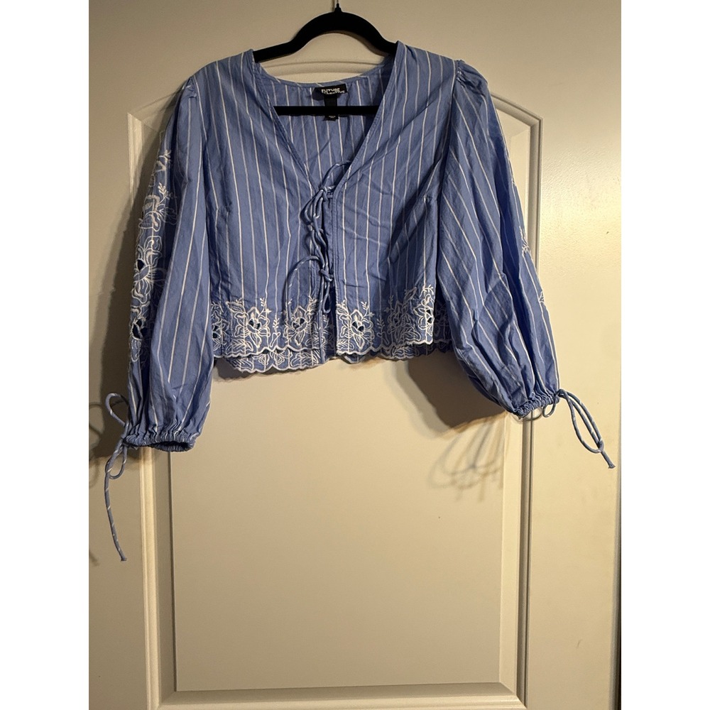 Future Collective Crop Top S Blue Striped Eyelet Embroidered Boho Peasant Chic